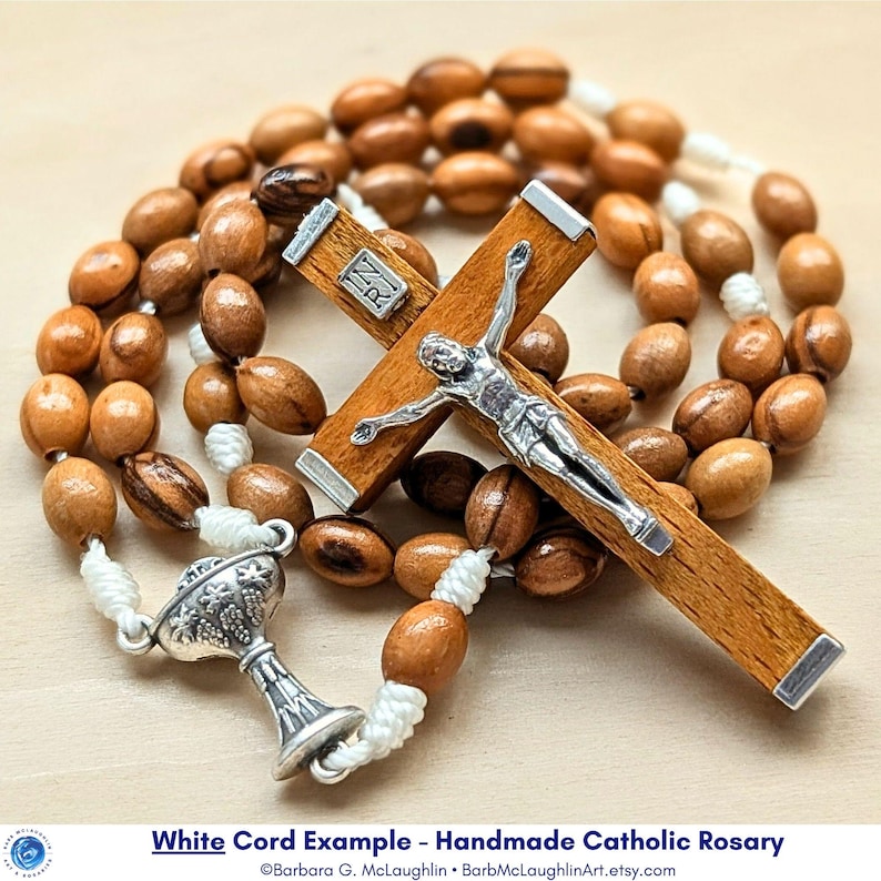 Rosary Example First Communion Rosary: Oval Olive Wood Beads, Metal Crucifix, Chalice ...