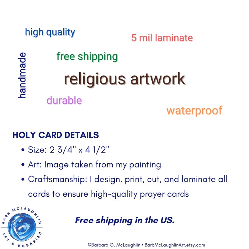 May include: A religious artwork card with a blue rose design. The card is 2 3/4 inches by 4 1/2 inches and is made with high-quality materials. It is durable, waterproof, and comes with free shipping in the US.