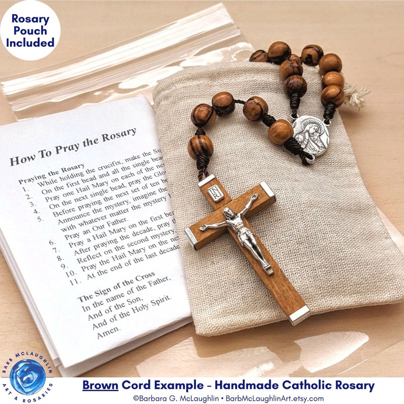 Catholic Rosary with 8mm Wooden Rosary Beads, Sacred Heart of Jesus & Immaculate Mary Rosary Centerpiece, Wood Crucifix Barbara McLaughlin image 8