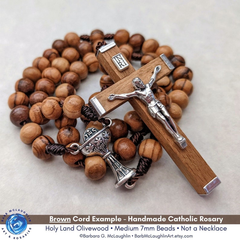 First Communion Wooden Rosary with 7mm Olive Wood Beads, Beautiful Wood Metal Crucifix, and Rosary Pouch Handmade by Barbara McLaughlin Brown