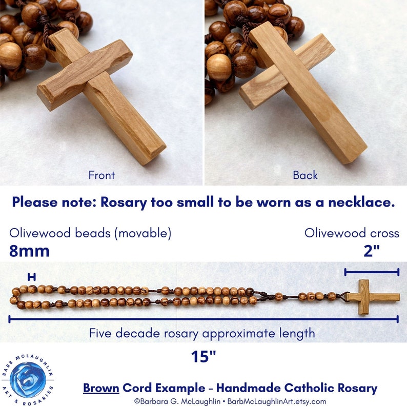Chapelet catholique fait main avec perles en bois d'olivier de 8 mm, croix en bois, cordon en nylon, cadeaux catholiques pour hommes et femmes, Barbara McLaughlin image 3