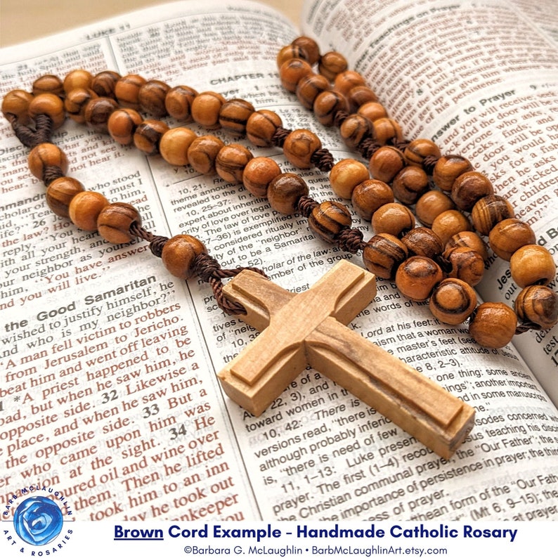 Wooden Rosary with 8mm Olive Wood Rosary Beads, Unique Wood Cross & Nylon Cord, Handmade Catholic Gifts for Men and Boys, Barbara McLaughlin image 7