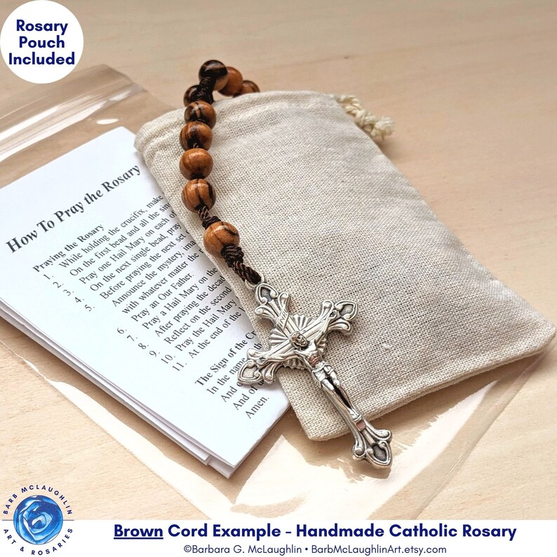 This five decade rosary includes a muslin rosary pouch and instruction sheet on how to pray the Catholic rosary. Such a rustic and durable rosary to keep for yourself or give as a gift!