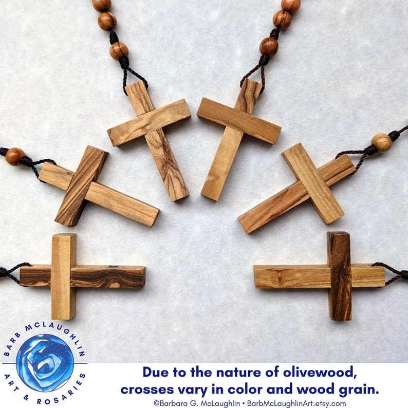 Please note that each wooden cross has unique marbling and color due to the nature of olivewood. No two crosses are the same. Beads also vary in color and wood grain. This adds to the beauty and uniqueness of olivewood rosaries.