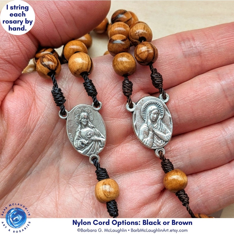 Catholic Rosary with 8mm Wooden Rosary Beads, Sacred Heart of Jesus & Immaculate Mary Rosary Centerpiece, Wood Crucifix Barbara McLaughlin image 2