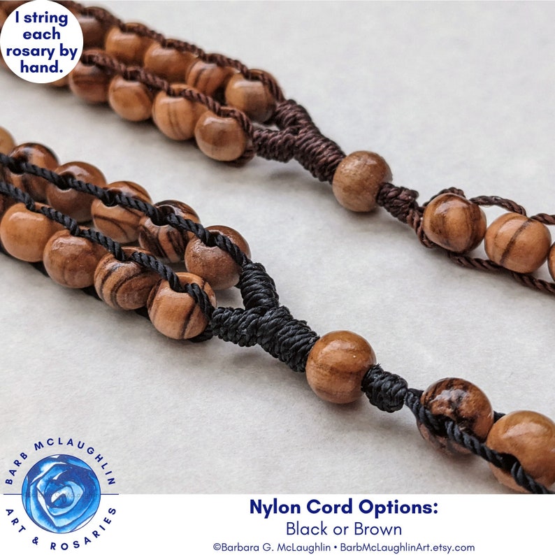 This Jacobs ladder rosary is available in two nylon cord options - brown or black cord. Two nylon cords are interwoven between each bead (beads do not slide) to create a lovely and durable rosary.