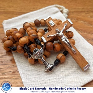First Communion Wooden Rosary with 7mm Olive Wood Beads, Beautiful Wood Metal Crucifix, and Rosary Pouch Handmade by Barbara McLaughlin Black