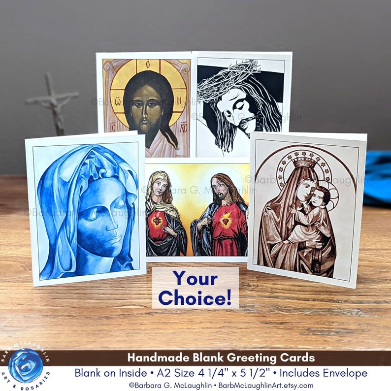 Catholic Cards with Virgin Mary and Sacred Heart of Jesus Artwork, Religious Sympathy Cards, Catholic Gifts for Women, Free Shipping in US image 1