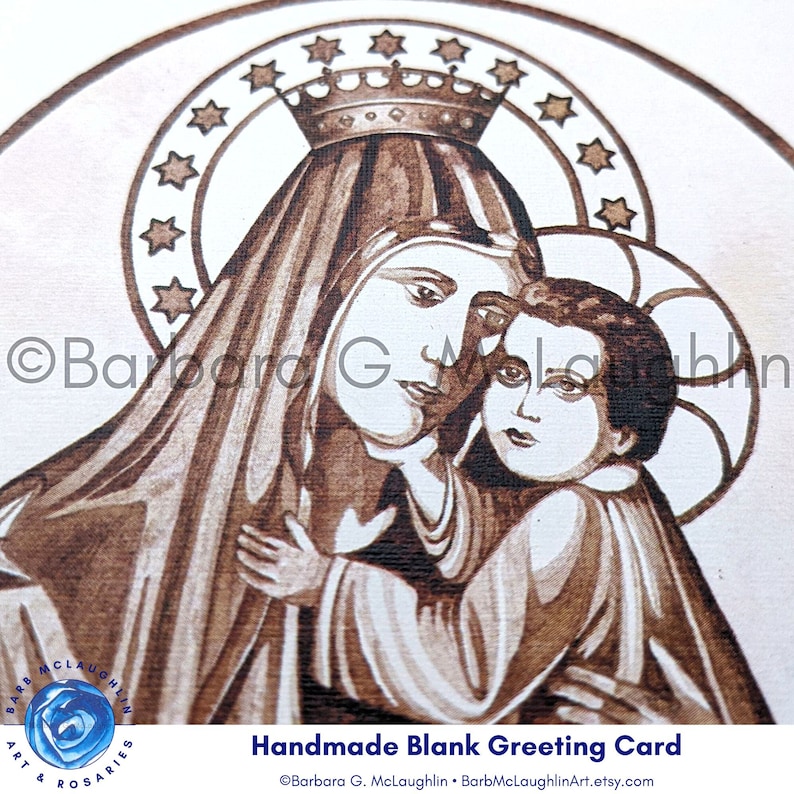 Close up of Our Lady of Mount Carmel and the Infant Jesus on the front of the printed card. This is a print of my original painting in brown permanent ink on watercolor paper. Free shipping in the US. US shipping only. ©Barbara G. McLaughlin