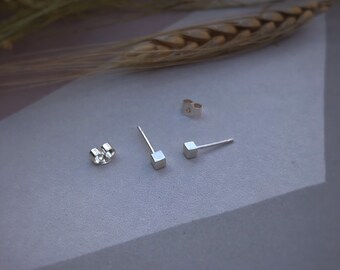 Silver Stud Earrings, tiny cubes, Recycled Sterling Silver, Stocking Filler, Christmas/Holiday Gift