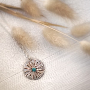 Turquoise Silver Necklace with Sunburst Pendant, made with Copper, Brass and Recycled Silver
