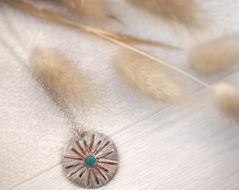 Turquoise Silver Necklace with Sunburst Pendant, made with Copper, Brass and Recycled Silver