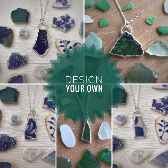 Bespoke Sea Pottery and Sea Glass Pendant necklace. Recycled Sterling Silver, Choose your own design