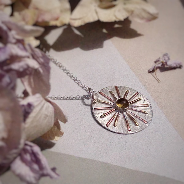Citrine Silver Necklace with Sunburst Pendant, made with Copper, Brass and Recycled Silver