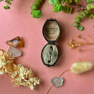 May include: An open antique jewellery box, black with a cream interior, displaying a ring. The ring has a small, round, silver-coloured setting. The box is set against a pink background, with dried flowers and greenery. The box has text that reads "J. Myers & Co, 101/103 Westminster Bridge Road, London."