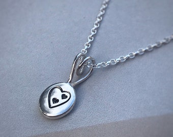 Silver Heart Pendant, Recycled Sterling Silver Pebble Necklace, Hand Stamped Jewellery