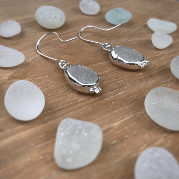 Seaglass Srop Earrings, White Seaglass, Recycled Silver Dangly Earrings, One-of-a-Kind, Made To Order