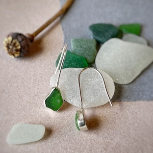 Seaglass Drop Earrings, Green Seaglass, Recycled Silver Dangly Earrings, One-of-a-Kind, Made To Order