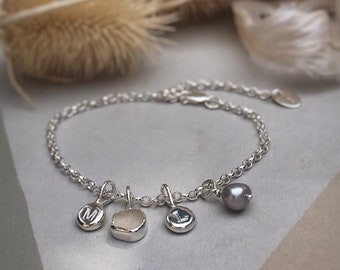 Personalised Silver Charm Bracelet, Recycled Sterling Silver Pebble Charms, Initials, Hearts and Stars, Pearl, Sea Glass, Hallmarked