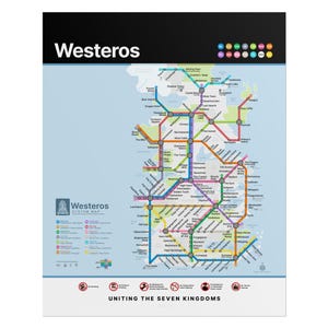 May include: A poster featuring a map of Westeros, with a black header that reads "Westeros." The map uses a subway-style system to connect various locations. The bottom of the poster reads "Uniting the Seven Kingdoms."