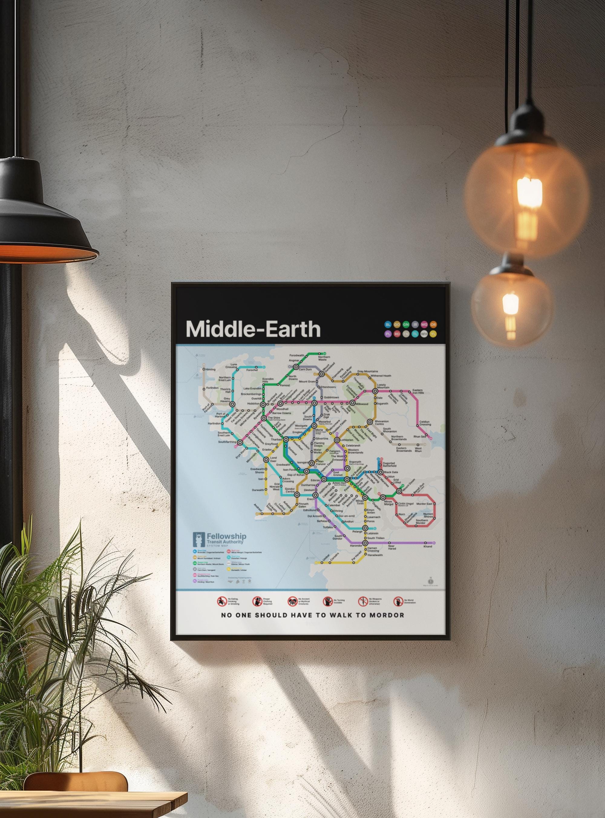 Middle Earth Fantasy Metro Map Poster Scenic Travel Style Wall Art