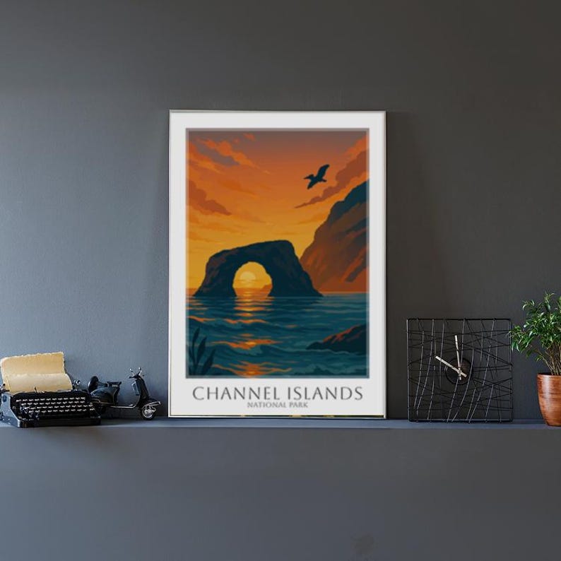 May include: A framed print of the Channel Islands National Park at sunset. The artwork depicts a rock archway in the ocean, with a bird flying in the orange and yellow sky. The text "Channel Islands National Park" is at the bottom.