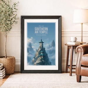 Pode incluir: Impressão artística emoldurada com uma ilustração detalhada do Templo do Ar do Sul, contra um fundo de montanhas e nuvens. A obra de arte tem um esquema de cores azul e branco, com o texto "What the Southern Air Temple" no topo.