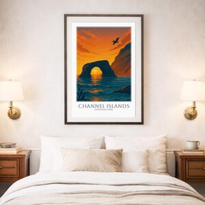 May include: Framed art print featuring a scenic view of the Channel Islands National Park. The artwork depicts a natural archway over the ocean under a vibrant orange and blue sky. The text "CHANNEL ISLANDS NATIONAL PARK" is printed at the bottom.