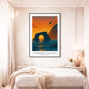 May include: A framed art print featuring a scenic view of the Channel Islands National Park. The artwork depicts a natural archway in the ocean, with a vibrant orange and yellow sunset sky. The text "CHANNEL ISLANDS NATIONAL PARK" is at the bottom.