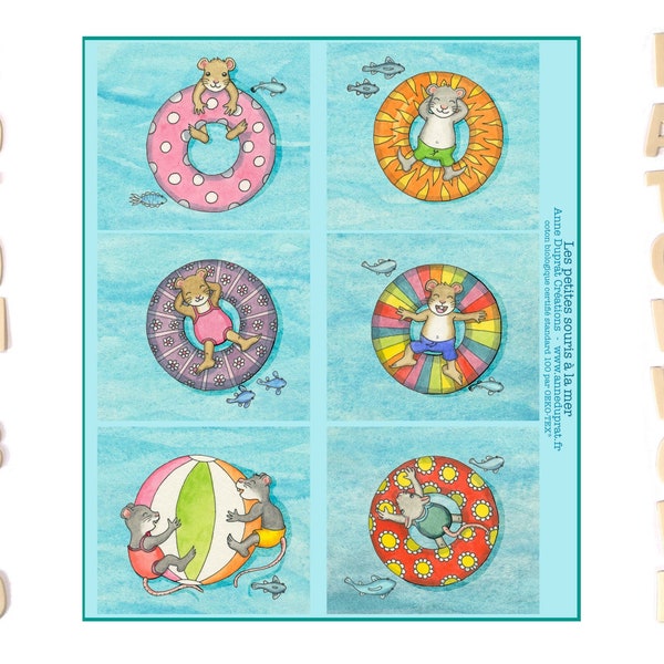 tissu illustré des souris à la mer, coton biologique pour patchwork, 6 petits carrés, Anne Duprat, coton biologique