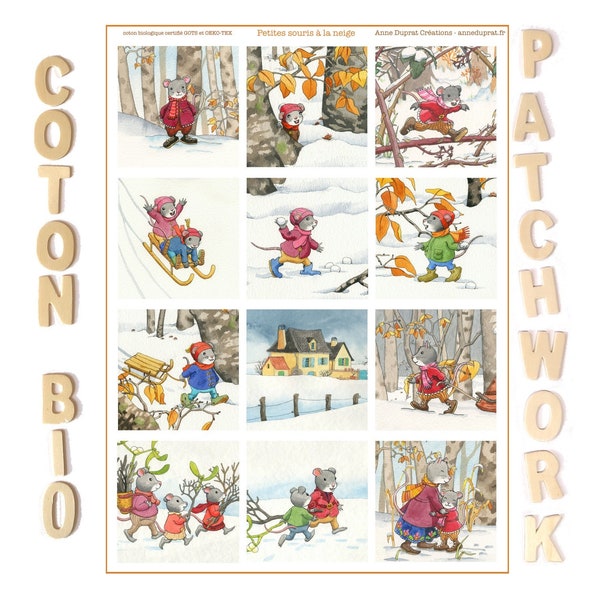 Lot de 12 carrés illustrés des petites souris en hiver, coton biologique pour patchwork, illustrations de Anne Duprat