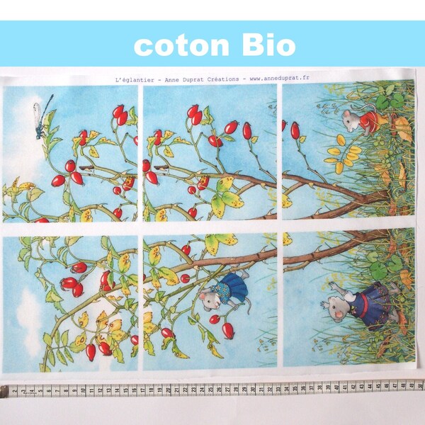organic cotton patchwork, illustrated fabric, mouse in autumn, patchwork coupons, illustrated coupon, vignette, Anne Duprat, rosehip