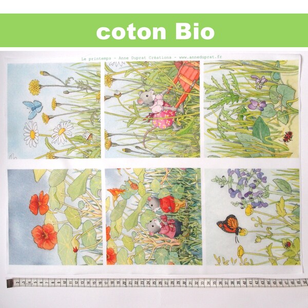 cotton organic fabric patchwork illustrated mouse in the spring, coupons, patchwork, Nasturtium, tile, Anne Duprat, organic cotton