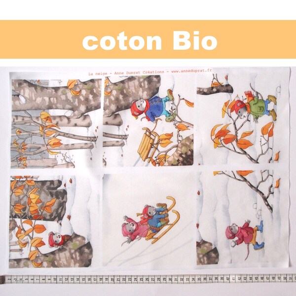 organic cotton for patchwork, illustrated fabric, mouse in winter, patchwork coupons, illustrated coupon, vignette, Anne Duprat, organic cotton