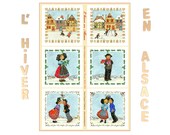 Winter in Alsace, set of 6 square coupons of 10cm side in organic cotton, Christmas illustration by Anne Duprat