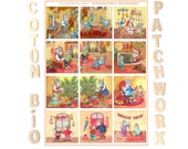 Coupon illustrated little mice at home, 12 squares illustrated 10cm side in organic cotton, Christmas fabric, Anne Duprat Creations
