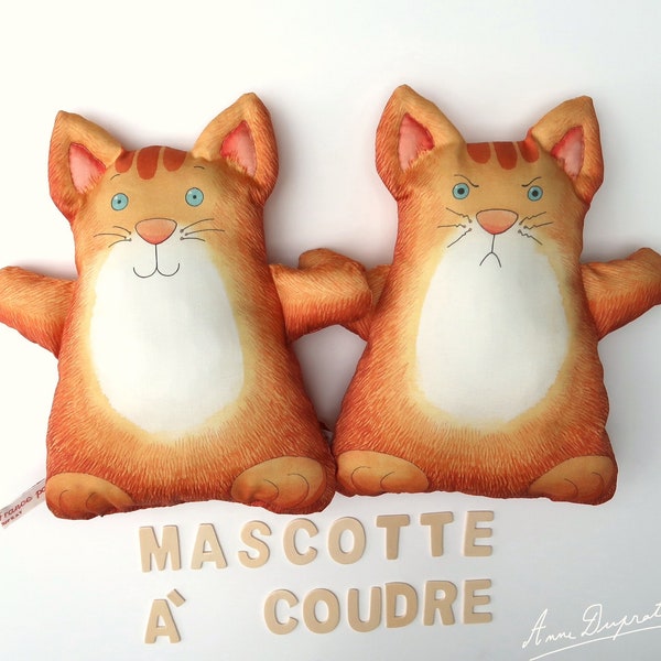 La mascotte Chat du livre "Chuuut... j'écoute !" à coudre soi-même, ou déjà cousue, coupon de tissu en coton bio, illustration Anne Duprat