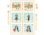 Winter in Alsace, set of 6 square coupons of 16cm side in organic cotton, Christmas illustration by Anne Duprat