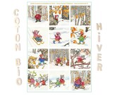 organic cotton for patchwork, illustrated fabric, mouse in winter, 12 small squares, Anne Duprat, organic cotton