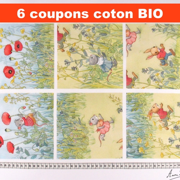 organic cotton patchwork, illustrated fabric, mouse in spring, patchwork coupons, poppy, vignette, Anne Duprat, organic cotton