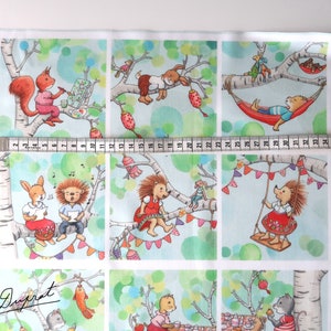 Set of 12 illustrated squares Auprès de mon Arbre, organic cotton for patchwork, illustrations by Anne Duprat image 2