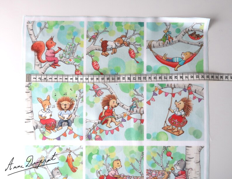 Set of 12 illustrated squares Auprès de mon Arbre, organic cotton for patchwork, illustrations by Anne Duprat image 2