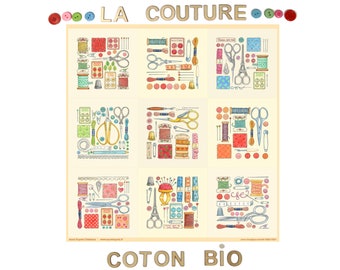 Coupon de tissu "couture" sur fond clair, lot de 9 carrés de 15cm de côté,  illustrations Anne Duprat