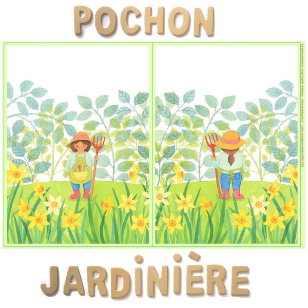 Coupon de tissu "Jardinière", 2 rectangles illustrés de 31x23cm, coton biologique, illustration d'Anne Duprat