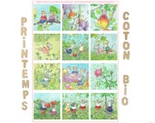 organic cotton for patchwork, illustrated fabric, mouse in spring, 12 small squares, Anne Duprat, organic cotton