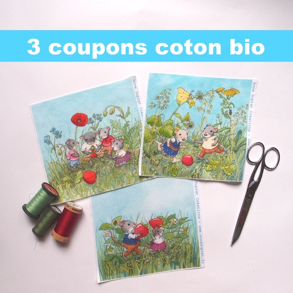 organic patchwork cotton, illustrated fabric, spring mice, patchwork coupons, strawberry, poppy, Anne Duprat, organic cotton