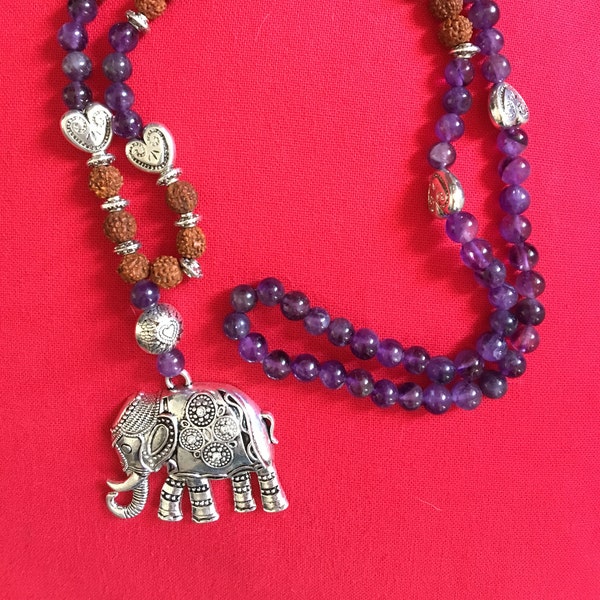 Sautoir Eléphant/Améthystes/Rudraksha/breloques