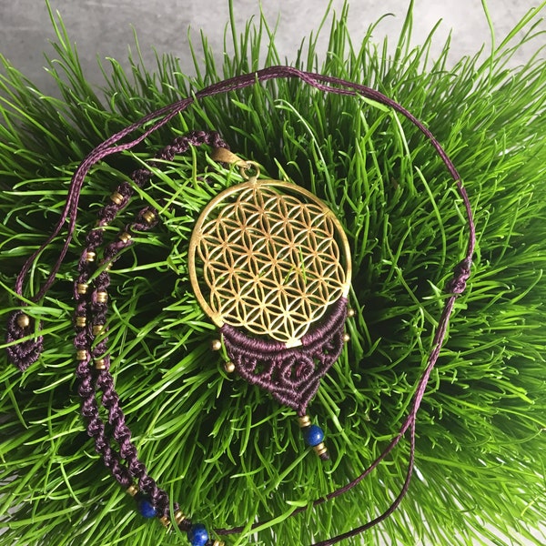 Collier Fleur de vie en Laiton, Macramé et pierres semi-précieuses/Symbole de l'Univers/Bijoux Bohème/Bijoux Mandala/ New Age Actives