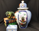 Imari-Style Hexagon Temple Jar with Floral Designs, Bird Motifs and Blue and White Decor - Gold Trim - 12 1 2 quot Tall