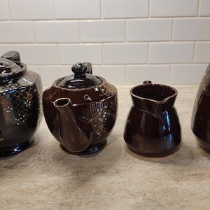 Vintage Japanese Redware Pottery Teapot, Coffeepot, Creamer, Set of 4, Vintage Japanese Hand Painted Tea and Coffee Pot, Carafe,